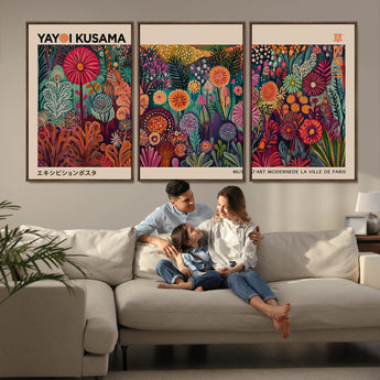 51280-MGV-FC-60X30-3P_Walnut-Abstract Yayoi Kusama Wall Art Canvas Print, Framed Japanese Wabi Sabi Art Picture Print, Yayoi Kusama Perfect Abstract Modern