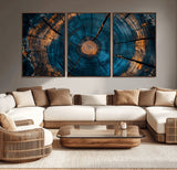 65231-MGV-CV-36X24-Blue and Gold Tree Ring Wall Art – Rustic Abstract Wood Slice Canvas Print, Modern Nature Inspired Artwork for Living Room,