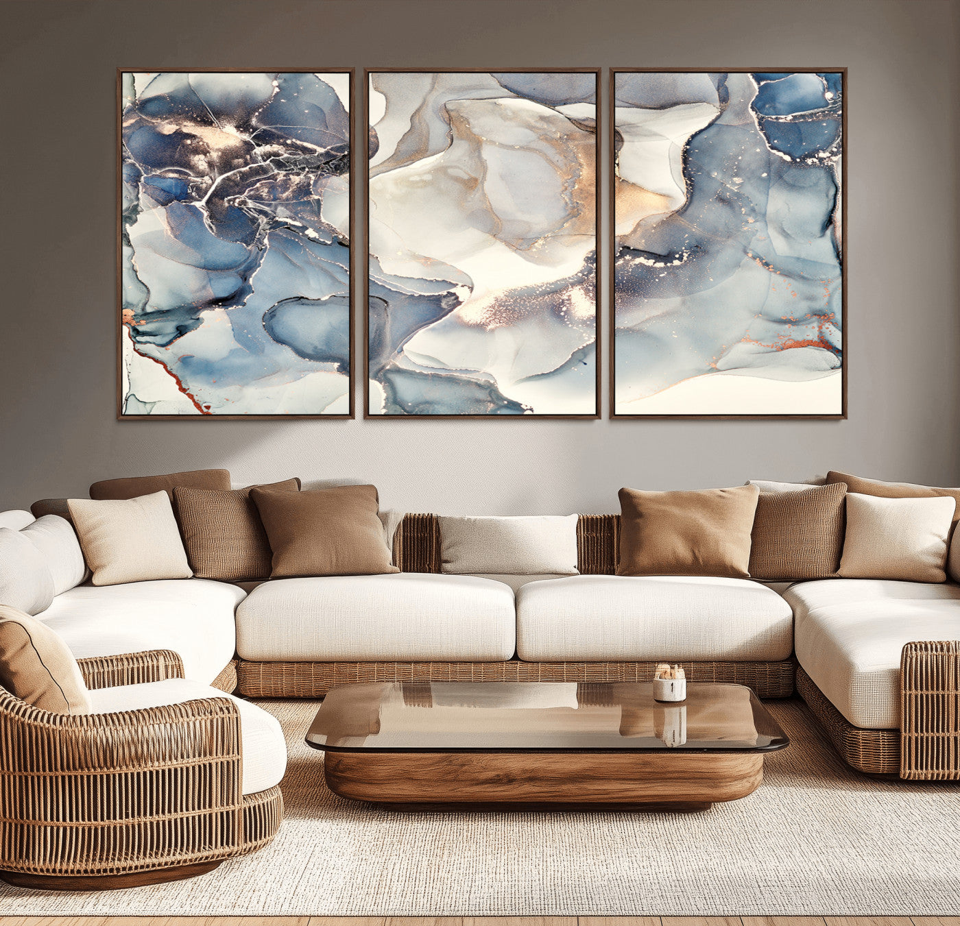 51497-MGV-CV-36X24-Abstract Blue and Gold Wall Art – Modern Fluid Ink Style Canvas Print, Elegant Contemporary Decor for Living Room, Office