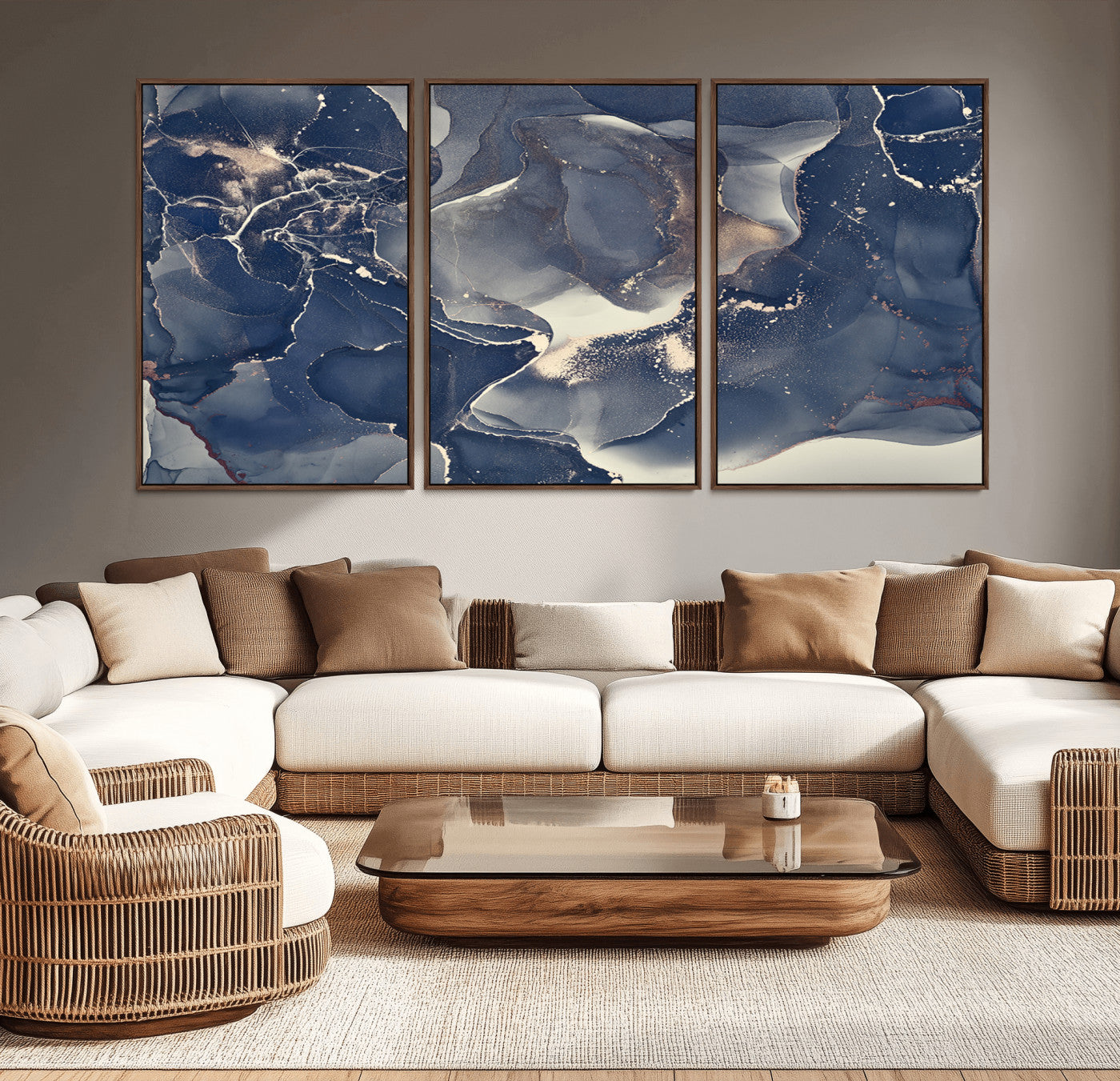 28282-MGV-CV-36X24-Blue Abstract Wall Art – Modern Ink Swirl Canvas Print, Contemporary Navy and Gold Painting for Living Room, Bedroom, Office or