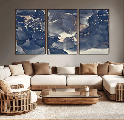 28282-MGV-CV-36X24-Blue Abstract Wall Art – Modern Ink Swirl Canvas Print, Contemporary Navy and Gold Painting for Living Room, Bedroom, Office or