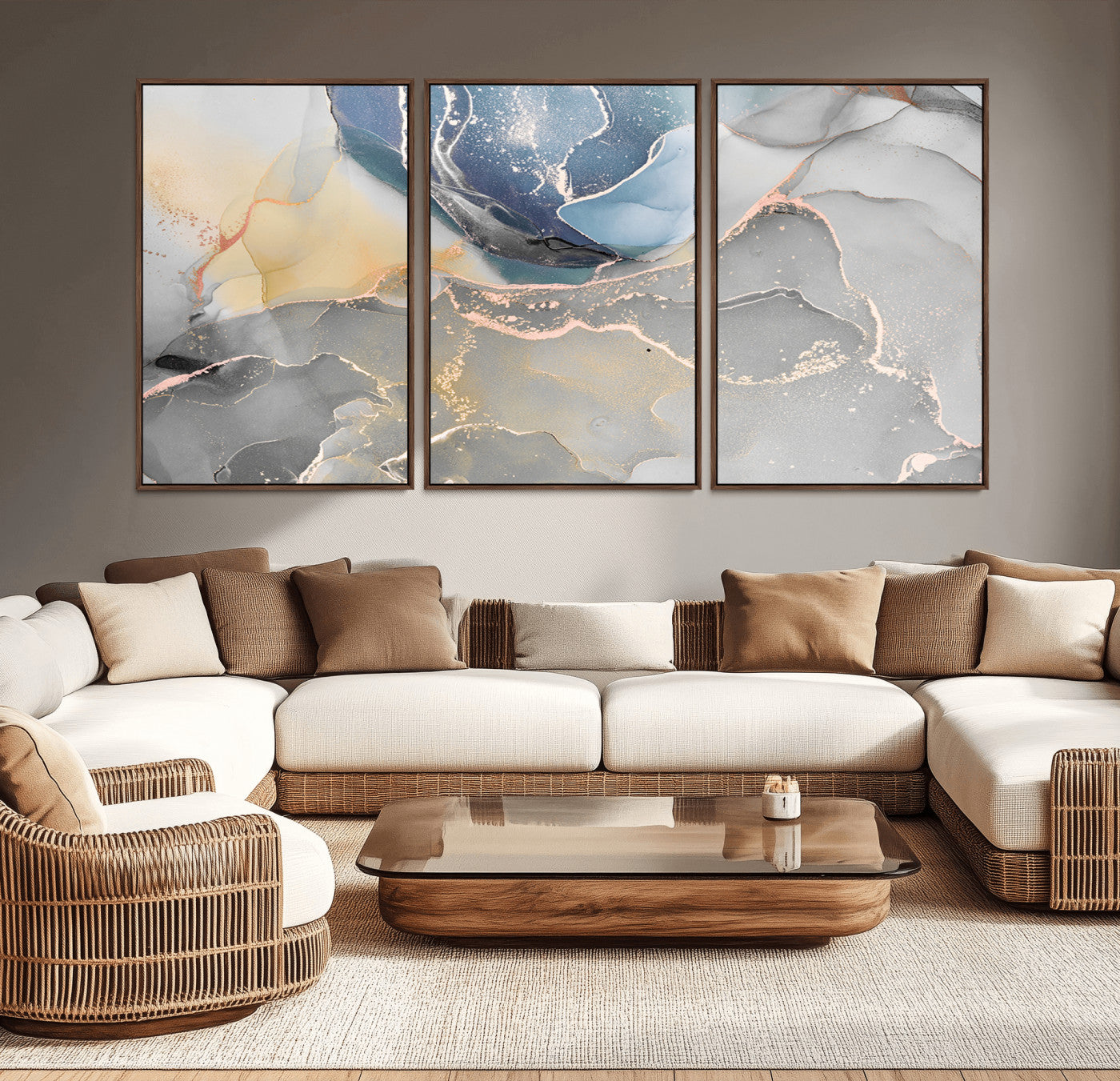 18176-MGV-CV-36X24-Abstract Fluid Wall Art – Modern Marble Ink Canvas Print with Blue, Gold, and Gray Tones, Contemporary Minimal Artwork Decor for