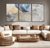 18176-MGV-CV-36X24-Abstract Fluid Wall Art – Modern Marble Ink Canvas Print with Blue, Gold, and Gray Tones, Contemporary Minimal Artwork Decor for