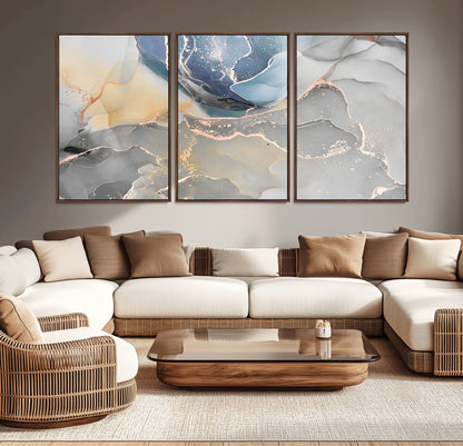 18176-MGV-CV-36X24-Abstract Fluid Wall Art – Modern Marble Ink Canvas Print with Blue, Gold, and Gray Tones, Contemporary Minimal Artwork Decor for