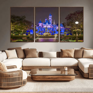 63560-MGV-CV-36X24-Fairy Tale Castle Wall Art – Magical Night Scene Canvas Print with Lights and Gardens, Fantasy Architecture Artwork for Living