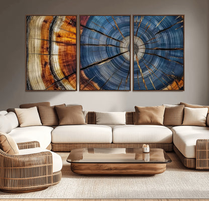 10583-MGV-CV-36X24-Tree Ring Wall Art – Abstract Wood Grain Canvas Print with Blue and Brown Tones, Nature Inspired Rustic Artwork for Living Room,