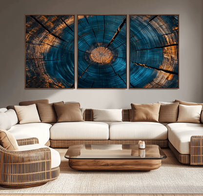 13398-MGV-CV-36X24-Tree Ring Wall Art – Abstract Wood Grain Canvas Print with Blue and Orange Accents, Rustic Nature Inspired Artwork for Living