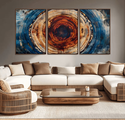 90395-MGV-CV-36X24-Tree Ring Wall Art – Abstract Wood Grain Canvas Print with Fiery Red and Blue Tones, Bold Rustic Nature Inspired Artwork Decor for