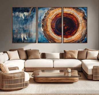 48045-MGV-CV-36X24-Tree Ring Abstract Wall Art – Rustic Wood Grain Canvas Print with Brown Center and Blue Brush Strokes, Nature Inspired Artwork for