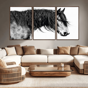 57694-MGV-CV-36X24-Horse Portrait Wall Art – Black and White Canvas Print with Detailed Stallion Profile, Rustic Farmhouse Equestrian Artwork for