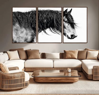 57694-MGV-CV-36X24-Horse Portrait Wall Art – Black and White Canvas Print with Detailed Stallion Profile, Rustic Farmhouse Equestrian Artwork for