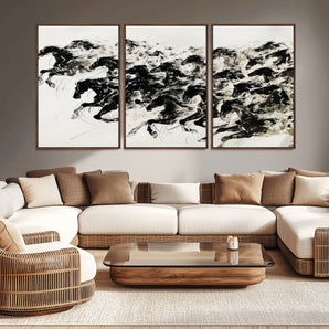 23069-MGV-CV-36X24-Galloping Horses Wall Art – Black Ink Painting on Canvas, Dynamic Equestrian Artwork with Running Stallions, Expressive Modern