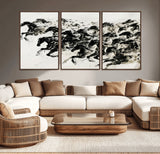 23069-MGV-CV-36X24-Galloping Horses Wall Art – Black Ink Painting on Canvas, Dynamic Equestrian Artwork with Running Stallions, Expressive Modern