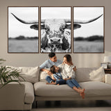 20272-MGV-FC-60X30-3P_Walnut-Highland Cow Wall Art – Black and White Western Longhorn Canvas Print, Farmhouse Living Room Decor Southwestern Animal Artwork for