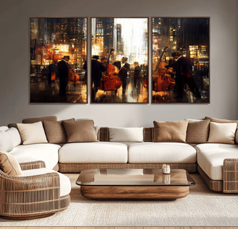 58782-MGV-CV-36X24-Jazz Musicians Cityscape Wall Art – Vibrant Urban Night Canvas Print, Elegant Music Themed Decor for Living Room, Office, or Music