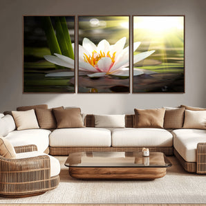 40478-MGV-CV-36X24-Water Lily Wall Art – White Lotus Flower Canvas Print with Sunlight Reflection, Serene Botanical Artwork for Living Room, Bedroom,