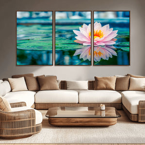 65933-MGV-CV-36X24-Pink Water Lily Wall Art – Lotus Flower Canvas Print with Reflection on Calm Water, Peaceful Botanical Artwork for Living Room,