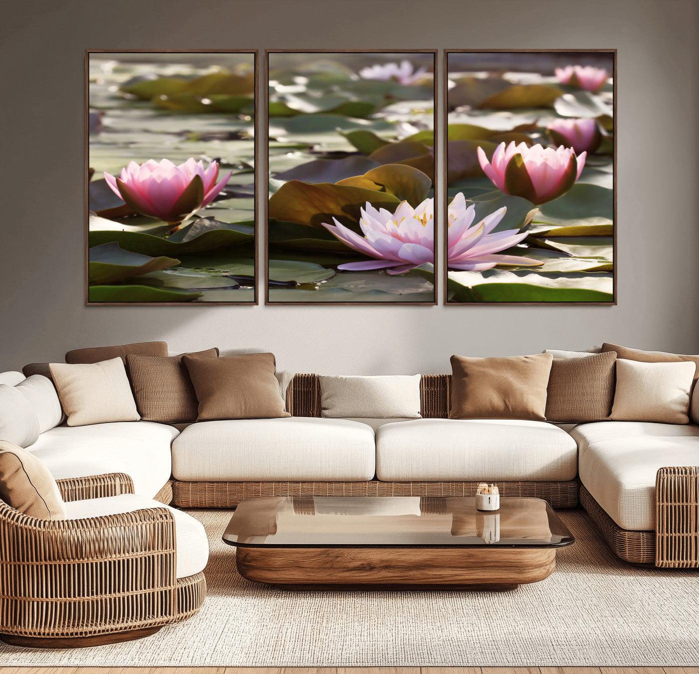 72218-MGV-CV-36X24-Water Lily Pond Wall Art – Pink Lotus Flowers Canvas Print with Green Lily Pads, Peaceful Botanical Artwork for Living Room,