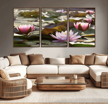 72218-MGV-CV-36X24-Water Lily Pond Wall Art – Pink Lotus Flowers Canvas Print with Green Lily Pads, Peaceful Botanical Artwork for Living Room,