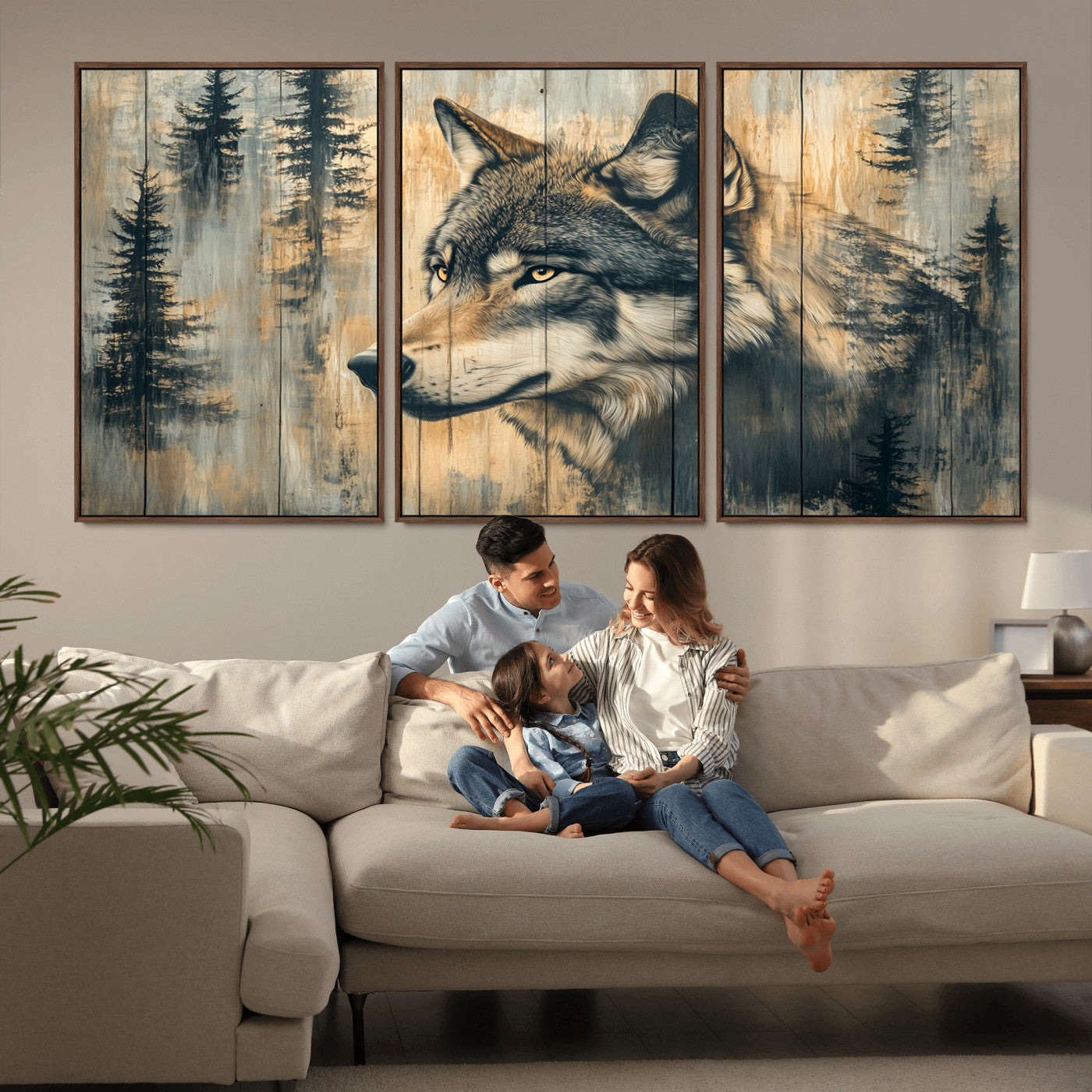 51892-MGV-CV-36X24-Wolf Wall Art – Rustic Canvas Print of Wolf with Forest Trees on Wood Texture, Wildlife Lodge Artwork for Living Room, Bedroom,