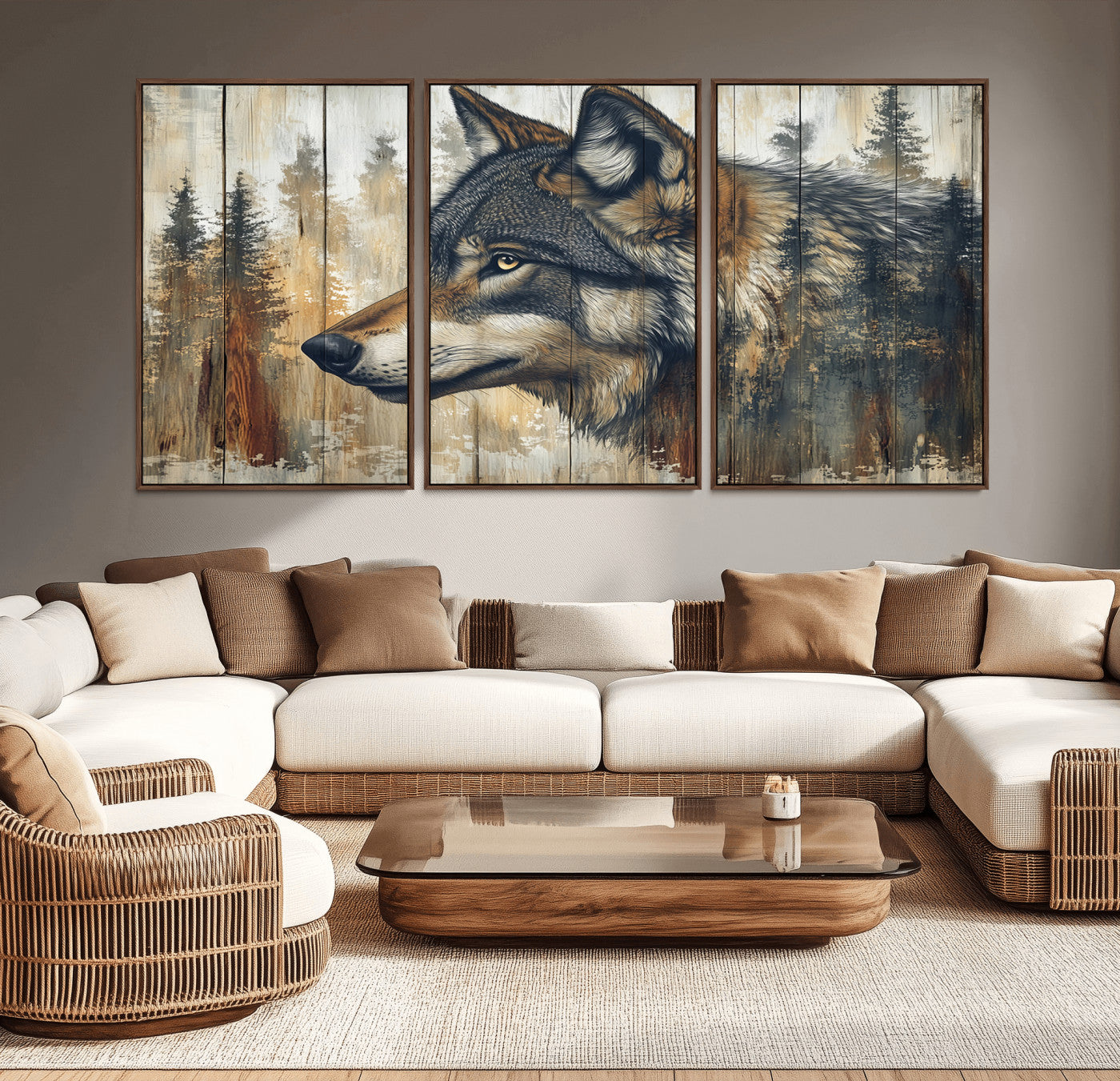 91882-MGV-CV-36X24-Wolf Wall Art – Rustic Canvas Print of Forest Wolf on Wood Background, Wildlife Lodge Artwork for Living Room, Bedroom, Cabin, or