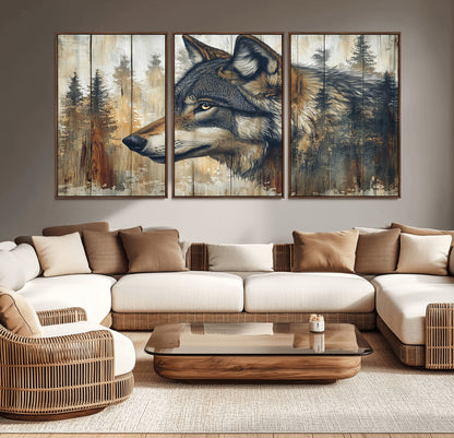 91882-MGV-CV-36X24-Wolf Wall Art – Rustic Canvas Print of Forest Wolf on Wood Background, Wildlife Lodge Artwork for Living Room, Bedroom, Cabin, or