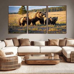 43400-MGV-CV-36X24-Bear Family Wall Art – Wildlife Canvas Print of Mother Bear with Cubs in Sunlit Meadow, Rustic Animal Artwork for Living Room,