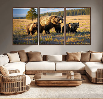 43400-MGV-CV-36X24-Bear Family Wall Art – Wildlife Canvas Print of Mother Bear with Cubs in Sunlit Meadow, Rustic Animal Artwork for Living Room,