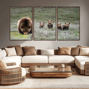 40555-MGV-CV-36X24-Bear Family Wall Art – Wildlife Canvas Print of Mother Bear with Four Cubs in Nature, Rustic Animal Artwork for Living Room,