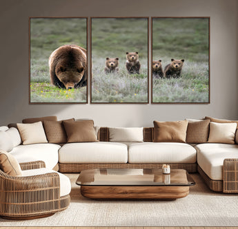 40555-MGV-CV-36X24-Bear Family Wall Art – Wildlife Canvas Print of Mother Bear with Four Cubs in Nature, Rustic Animal Artwork for Living Room,