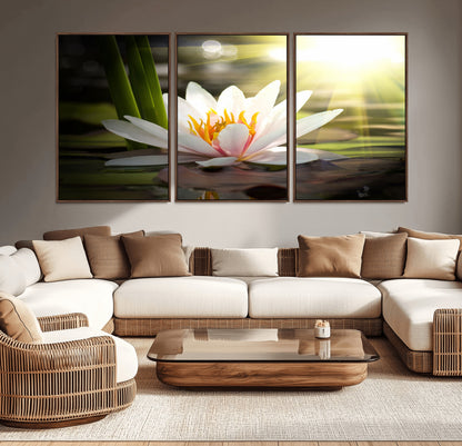 60352-MGV-CV-36X24-White Water Lily Wall Art – Lotus Flower Canvas Print with Sunlight Reflection, Peaceful Botanical Artwork for Living Room,