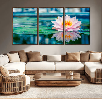 30320-MGV-CV-36X24-Pink Water Lily Wall Art – Lotus Flower Canvas Print with Reflection Water, Peaceful Botanical Artwork for Living Room, Bedroom,