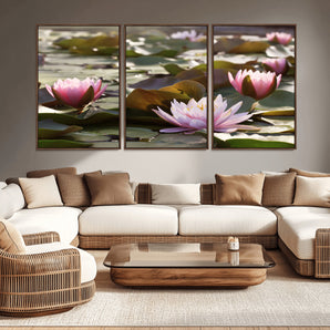 28394-MGV-CV-36X24-Water Lily Pond Wall Art – Pink Lotus Flowers Canvas Print with Green Lily Pads, Peaceful Botanical Artwork for Living Room,