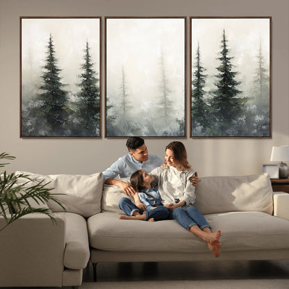33241-MGV-FC-60X30-3P_Walnut-Misty Forest Wall Art Canvas Print, Framed Foggy Pines Art Picture Print, Forest Haze Perfect Rustic Minimalist Decor Artwork