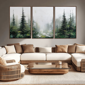 76014-MGV-CV-36X24-Forest Wall Art – Textured Canvas Print Featuring Misty Evergreen Pines and Woodland Landscape, Rustic Nature Artwork for Living