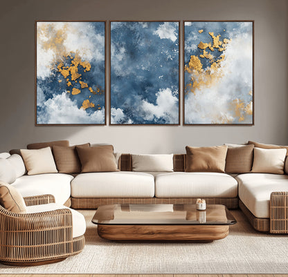 39575-MGV-CV-36X24-Blue and Gold Abstract Wall Art – Modern Canvas Print Featuring Cloudy Textures with Metallic Accents, Contemporary Artwork for