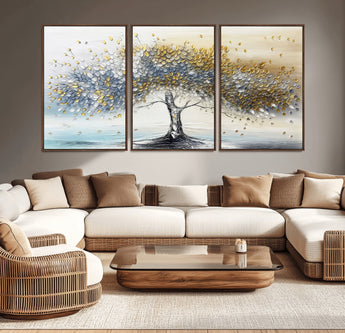 24771-MGV-CV-36X24-Silver Tree Wall Art Canvas Print, Framed Golden Leaves Art Picture Print, Metallic Tree Perfect Minimalist Luxury Decor Artwork