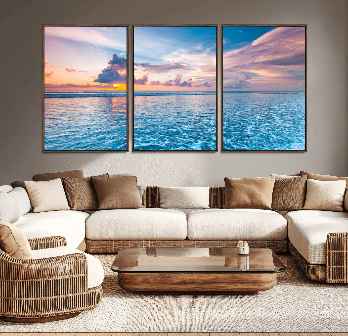 36641-MGV-CV-36X24-Ocean Sunset Wall Art – Panoramic Seascape Canvas Print Featuring Waves and Colorful Sky, Coastal Beach Artwork for Living Room,