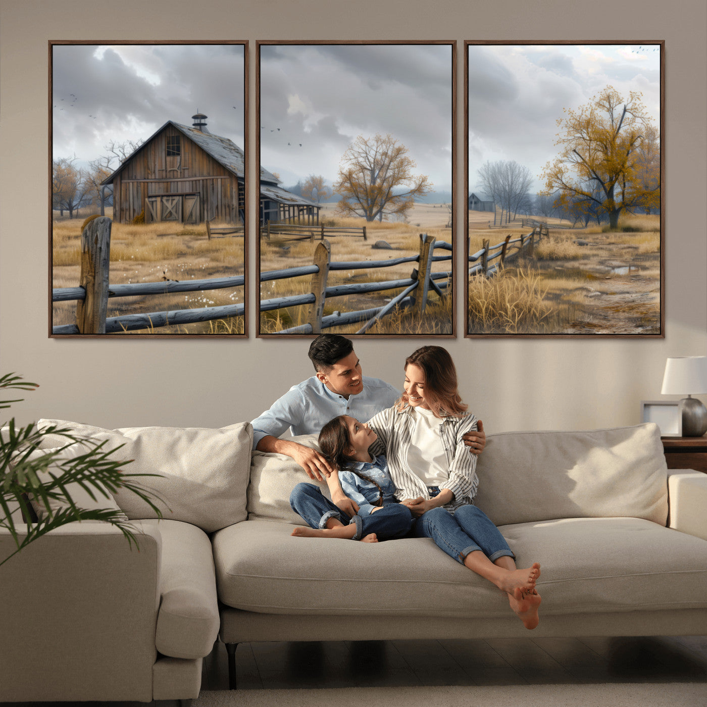 Farm1-MGV-FC-60X30-3P_Walnut-Rustic Autumn Farmhouse Wall Art – Serene Countryside Scene Canvas Print, Weathered Barn and Autumn Trees Decor for Living Room,