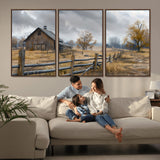 Farm1-MGV-FC-60X30-3P_Walnut-Rustic Autumn Farmhouse Wall Art – Serene Countryside Scene Canvas Print, Weathered Barn and Autumn Trees Decor for Living Room,