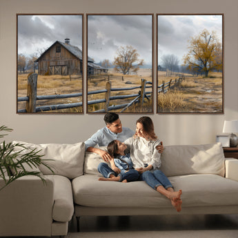 Farm1-MGV-FC-60X30-3P_Walnut-Rustic Autumn Farmhouse Wall Art – Serene Countryside Scene Canvas Print, Weathered Barn and Autumn Trees Decor for Living Room,