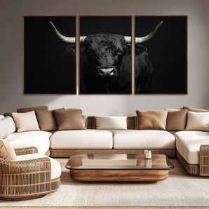 97914921-MGV-CV-36X24-Black Bull Wall Art Canvas Print, Framed Longhorn Bull Art Picture Print, Western Bull Perfect Monochrome Western Decor Artwork