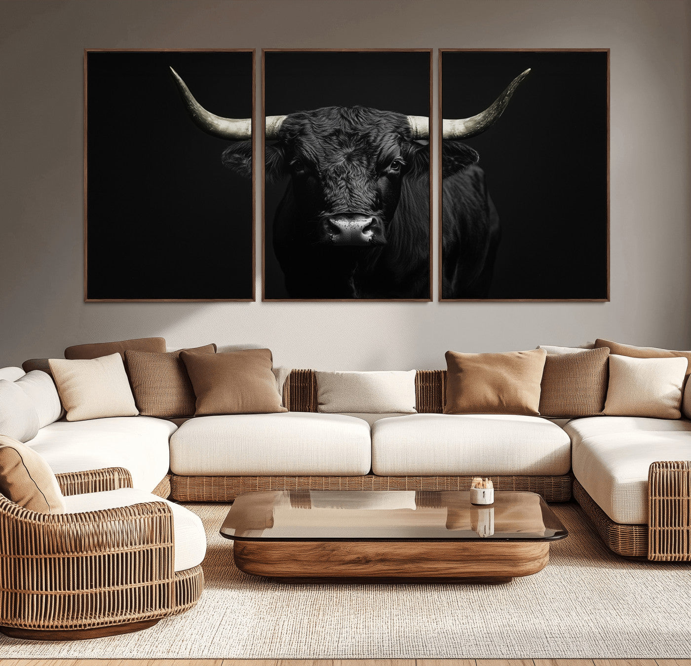 97914921-MGV-CV-36X24-Black Bull Wall Art Canvas Print, Framed Longhorn Bull Art Picture Print, Western Bull Perfect Monochrome Western Decor Artwork