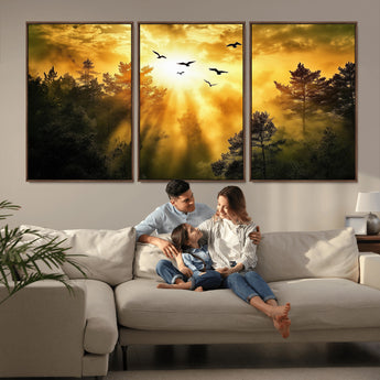 13776802-MGV-FC-60X30-3P_Walnut-Golden Forest Wall Art Canvas Print, Framed Sunset Pines Art Picture Print, Flying Birds Perfect Nature Glow Decor Artwork