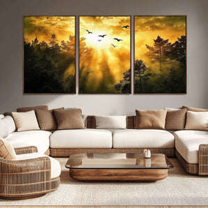 13776802-MGV-CV-36X24-Golden Forest Wall Art Canvas Print, Framed Sunset Pines Art Picture Print, Flying Birds Perfect Nature Glow Decor Artwork