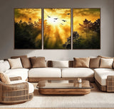 13776802-MGV-CV-36X24-Golden Forest Wall Art Canvas Print, Framed Sunset Pines Art Picture Print, Flying Birds Perfect Nature Glow Decor Artwork