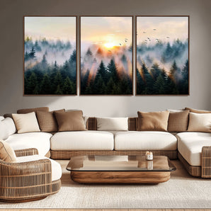 56391411-MGV-CV-36X24-Misty Forest Wall Art Canvas Print, Framed Sunrise Pines Art Picture Print, Moody Pines Perfect Serene Woodland Decor Artwork