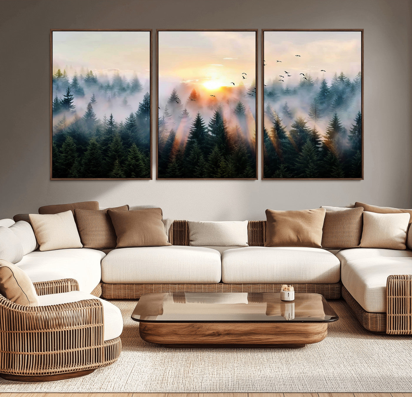 56391411-MGV-CV-36X24-Misty Forest Wall Art Canvas Print, Framed Sunrise Pines Art Picture Print, Moody Pines Perfect Serene Woodland Decor Artwork