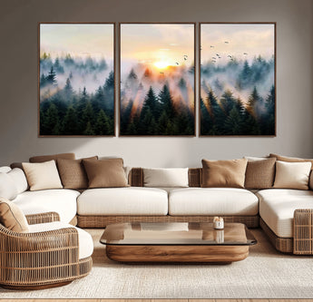 56391411-MGV-CV-36X24-Misty Forest Wall Art Canvas Print, Framed Sunrise Pines Art Picture Print, Moody Pines Perfect Serene Woodland Decor Artwork