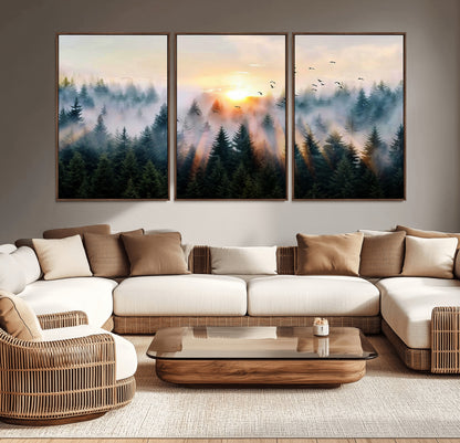 56391411-MGV-CV-36X24-Misty Forest Wall Art Canvas Print, Framed Sunrise Pines Art Picture Print, Moody Pines Perfect Serene Woodland Decor Artwork
